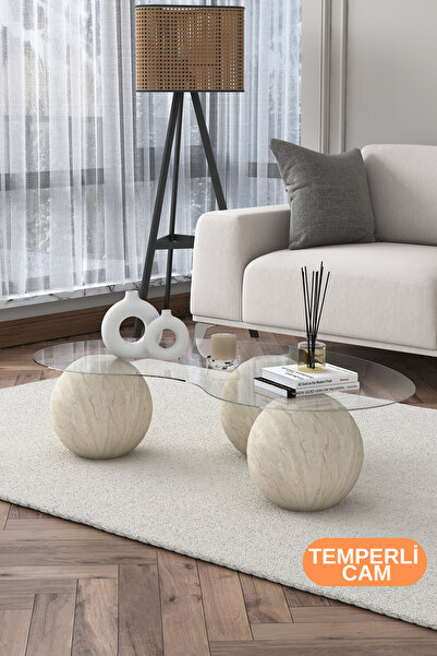 Rani Mobilya Rani AB110 Küre Ayaklı Orta Sehpa Temperli Camlı Sehpa Traverten Ayak