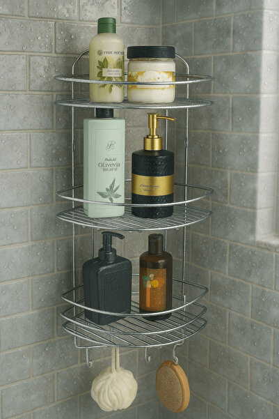 Sas Haus Ανοξείδωτο αυτοκόλλητο χρώμιο Οργανωτής γωνιακού μπάνιου, θήκη για σαμπουάν, ράφι ντους 3 επιπέδων - 4 γάντζοι