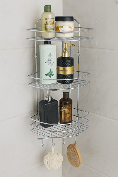 Sas Haus Ανοξείδωτο αυτοκόλλητο χρώμιο Οργανωτής γωνιακού μπάνιου, θήκη για σαμπουάν, ράφι ντους 3 επιπέδων - 4 γάντζοι