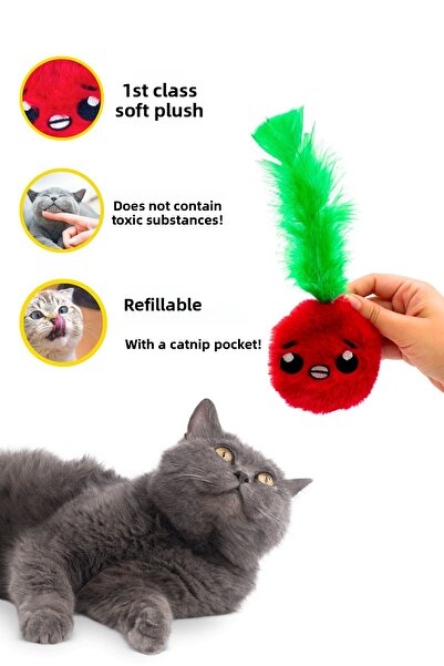 Miyav لعبة قطط قطيفة على شكل تفاحة مع جيب، تتضمن عبوتين من النعناع البري - لعبة قطط مع النعناع البري