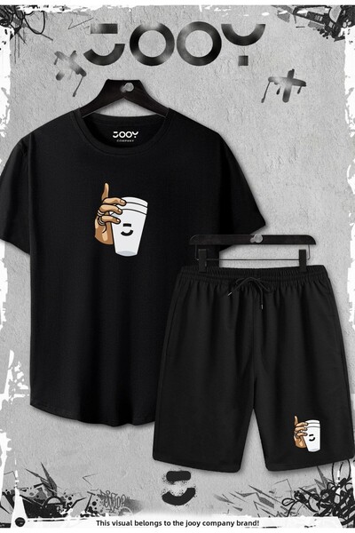 Jooy Company تي شيرت أسود بتصميم زجاجي بقصة ضيقة مكون من قطعتين - طقم مع شورت...