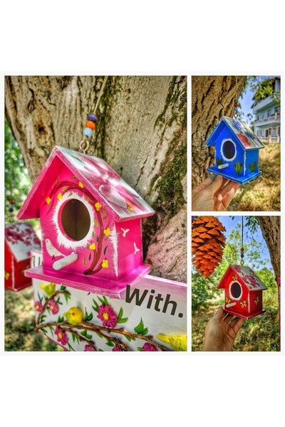 Home 3 قطع بيت طائر خشبي صغير، وردي/أزرق/أحمر، لديكور شرفة الحديقة، 12×12×8 سم