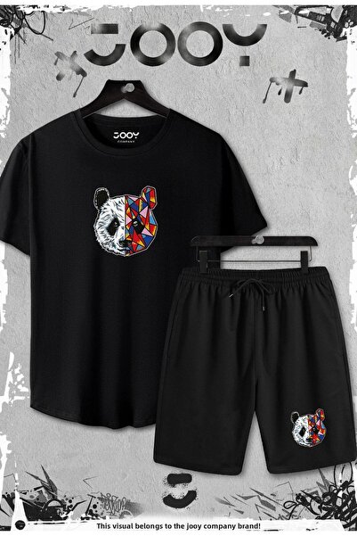Jooy Company تيشيرت أسود بقصة ضيقة بطبعات باندا مكون من قطعتين - طقم مع شورت ...