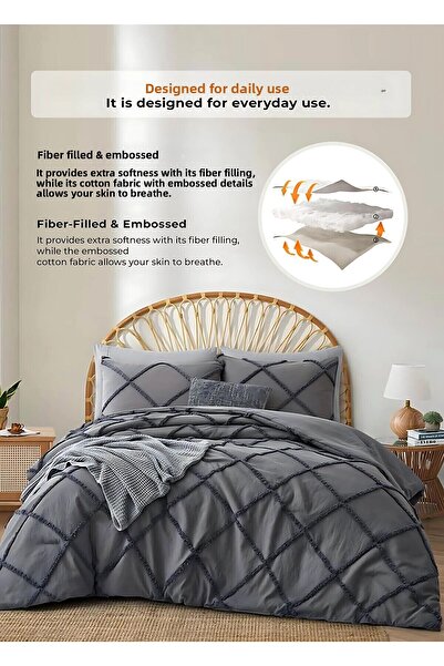 Evlen Home Collection طقم مفرش سرير قطن ايمار كاجوال مزدوج (الجوانب) بوهو 3 قطع محشو بالألياف أنثراسايت