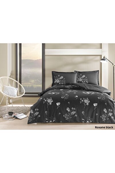 Taç 100% Cotton Satin Double Duvet Cover Set - Roxane Black & Floral Patterned Set