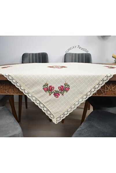 TUNCAY TEKSTİL Red Cross Stitched Copenaki Lacy Buldan Work Cross Stitch Monika Fiskos Tablecloth