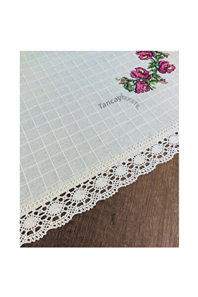 TUNCAY TEKSTİL Red Cross Stitched Copenaki Lacy Buldan Work Cross Stitch Monika Fiskos Tablecloth