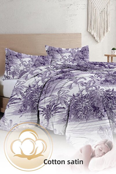 MonoHome Set lenjerie de pat dublu, personalizat, din bumbac țesut, din pânză din satin, colecție Tropical Island Purple