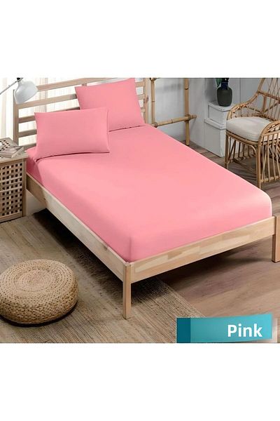 INTER Z Cotton Ranforce Fabric Elastic Fitted Pillowed Sheet Set (King Size) Pink