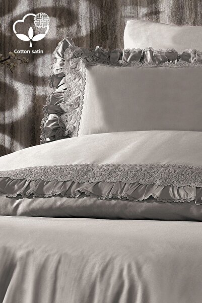 Nazik Home Helen Lace Organic Cotton Satin Double Duvet Cover Set