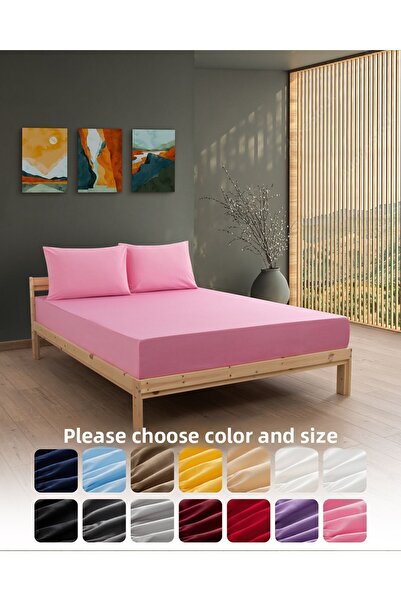 MODELHOME Pink Color Elastic Sheet Set (COTTON DUVET COVER, WITH PILLOW CASE) 7 Different Sizes