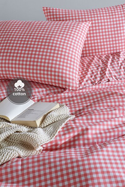 Simple Deco مربع صغير وردي - طقم غطاء لحاف مزدوج من القطن بنسبة 100%