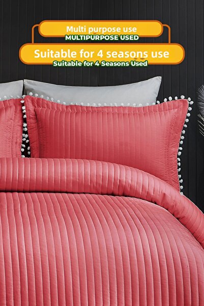 Evlen Home Pompom Double Quilted 100% Cotton Bedspread (Pique) Set Red/Gray