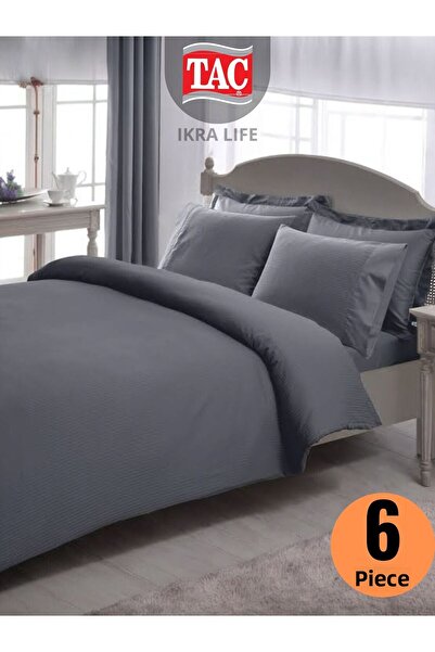 Taç Premium Basic Stripe Anthracite Satin Double Duvet Cover Set