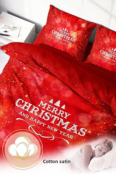 MonoHome King Size Christmas Ornament Merry Red Christmas 100% Cotton Satin 3D Double Duvet Cover Set 220X240Cm