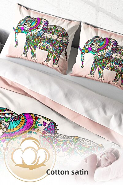 PerlaSera Τρισδιάστατο Προσαρμοσμένο Σχέδιο - Σετ Παπλωματοθήκη Διπλό, Βαμβακερό Σατέν Πυκνό, Elephant Naturel