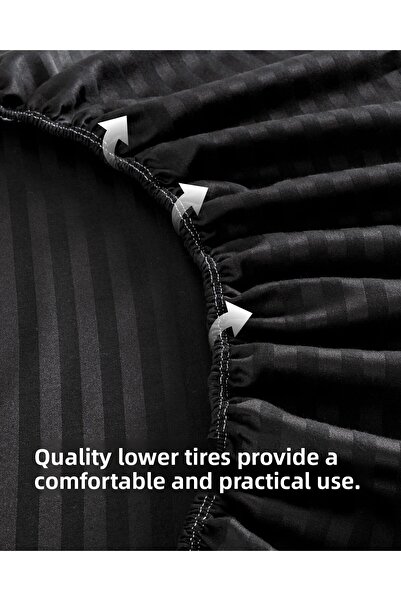 MODELHOME Black, Double Cotton Striped Satin Elastic Sheet Set