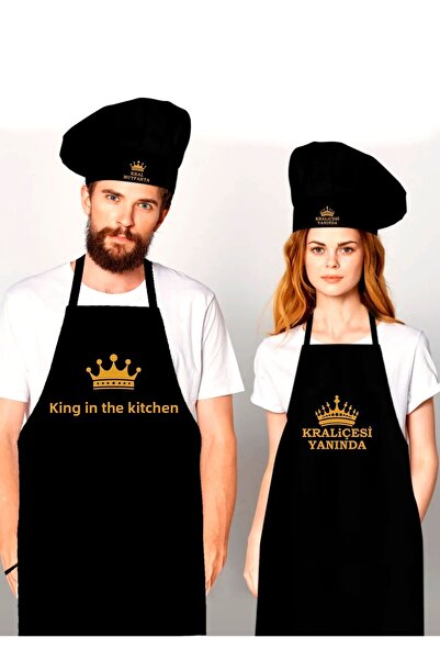 enmalife Set of 2 Black Kitchen Aprons and Cook's Caps - King in the Kitchen - Queen with Gold Print