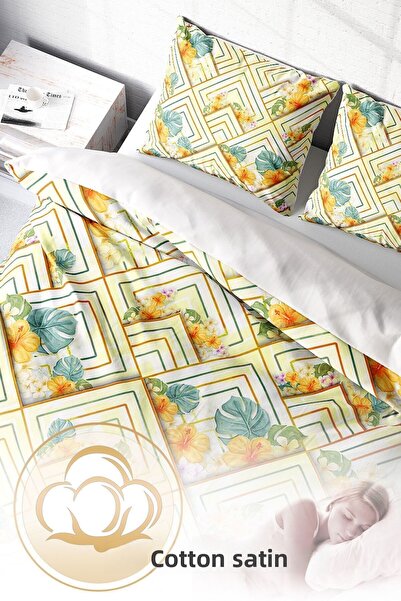 PerlaSera Τρισδιάστατα Πλατεία Λουλουδιών με Προσαρμοσμένο Σχέδιο - Σετ Παπλωματοθήκη Διπλό, Βαμβακερό Σατέν