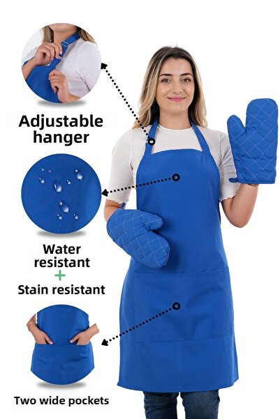 sevilya مجموعة قفازات مكونة من 3 قطع - مريلة مطبخ مع حزام قابل للتعديل وجيب (2 قفاز) الشيف والنادل والمقهى والطهي باريستا