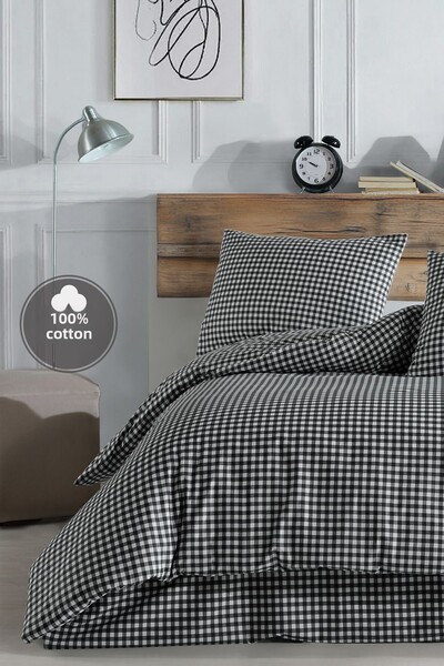 Simple Deco طقم غطاء لحاف فردي مربع صغير أسود - 100% قطن