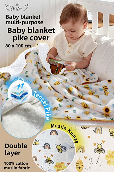 HALZEY بطانية أطفال بنقشة نحلة مقاس 80×100 سم، قماش موسلين مزدوج الجوانب ونسي...