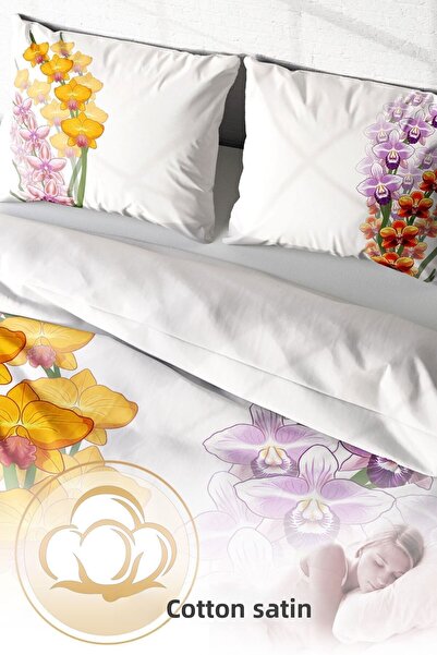 PerlaSera Orchid Natural 3D Special Design - Σετ Παπλωματοθήκη Διπλό, Πυκνό Βαμβακερό Σατέν
