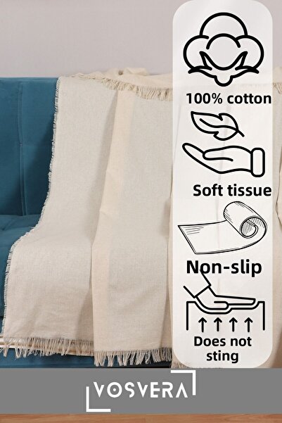 vosvera Βαμβακερό φυσικό κάλυμμα καναπέ 180x225 cm και δώρο 2 τεμάχια 40x40 cm μαξιλαροθήκη ριχτάρι κάλυμμα καναπέ-κρεβάτι