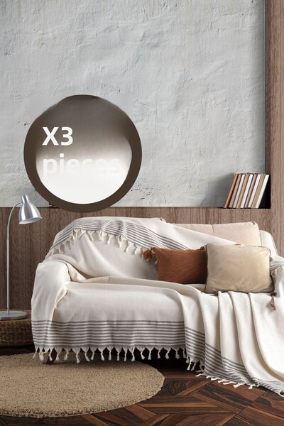 Lux Touch Bergama Ecru 3 قطع غطاء أريكة 180 × 200 سم غطاء أريكة كرسي بذراعين قطن