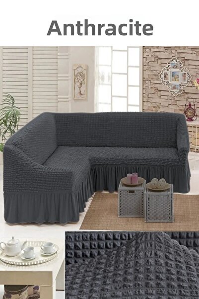 kanway Husă pentru canapea de colț elastică pentru 5 persoane cu fustă - Wrap Around L, mâneci, elastic flexibil. 350 cm