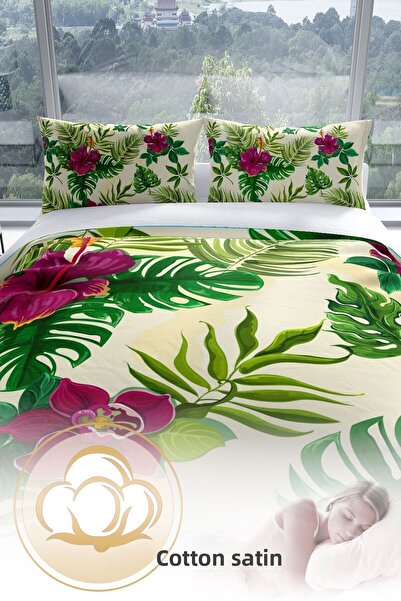 PerlaSera Green 3d Cotton Satin Double Duvet Cover Set