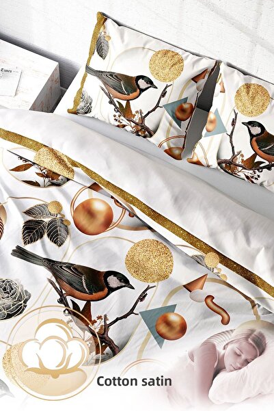 PerlaSera Τρισδιάστατο Προσαρμοσμένο Σχέδιο - Σετ Παπλωματοθήκη από Βαμβακερό Σατέν Διπλό, Bird Circle