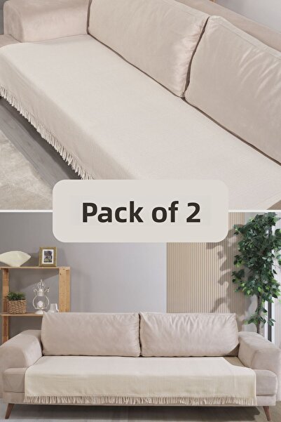 Miracolo Home طقم مفرش أريكة قطن إكرو مكون من قطعتين - 115x200، نمط مخطط أمام...