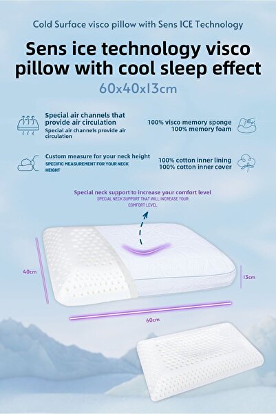 VİSCOTEX Sens Ice Technology Cool Sleeping Effect Visco Ορθοπεδικό Μαξιλάρι με Στήριγμα Λαιμού Μεσαίο 60x40x13 cm