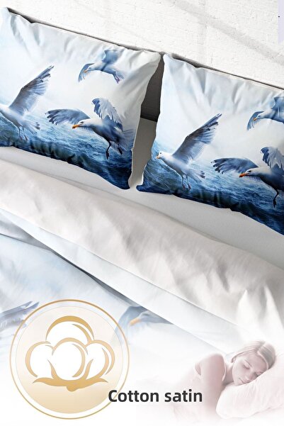 PerlaSera Set de lenjerie de pat dublu din bumbac țesut dens satinat 3d design special pescăruș