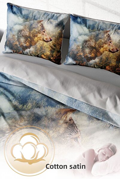 PerlaSera Τρισδιάστατο Προσαρμοσμένο Σχέδιο - Σετ Παπλωματοθήκη Διπλό, Βαμβακερό Σατέν Πυκνό, Wolfface