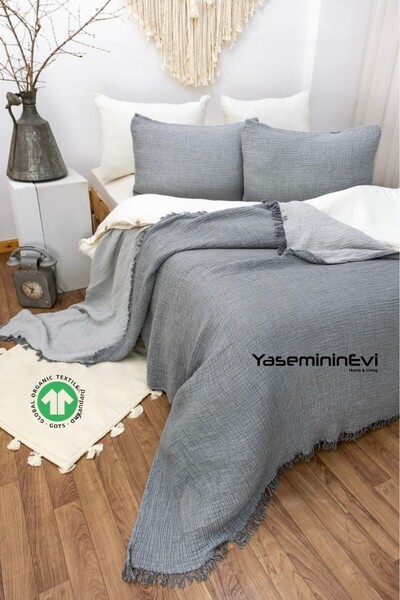 YASEMİNİNEVİ Cuvertură de pat din muselină gri antracit King Size / Set Pique cu 2 fețe de pernă