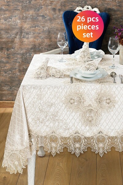 Evlen Home Collection Velvet Tablecloth Set Lacy Laced Grand Cream