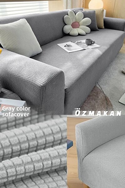 ÖZMAKAN Flexible and Washable Square Patterned Stretch Denim Cover - 1 Piece Gray Color
