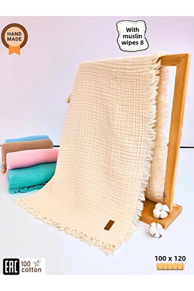 Tomuycuk 4 Layer Muslin Ecru Baby Blanket - Natural Organic Sleeping Towel 100X120Cm