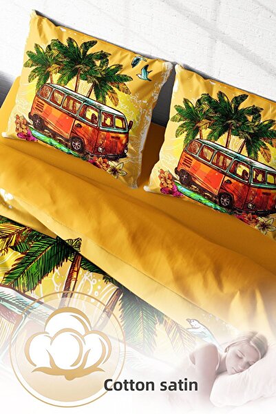 MonoHome Double (With Elastic Sheets) 100% Cotton Satin Duvet Cover Set Caravan