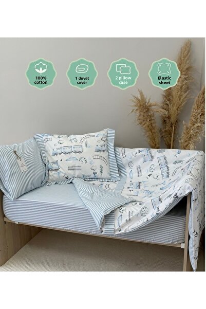 MAMARADUGA طقم سرير أطفال قطن 100% قطار أزرق (صناعة يدوية)