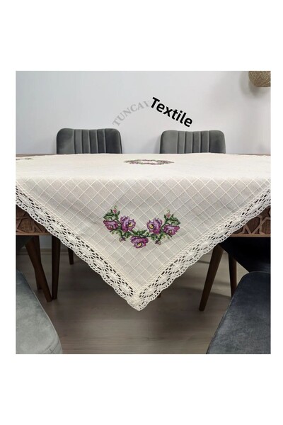 TUNCAY TEKSTİL Purple Cross Stitched Copenaki Lace Cloudy Cross Stitch Monika Fiskos Tablecloth