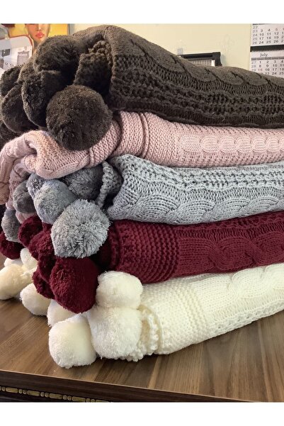 BALADI HOME Knitwear TV-Knee Blanket 130x170 cm - Pompom for Shawl and Sofa