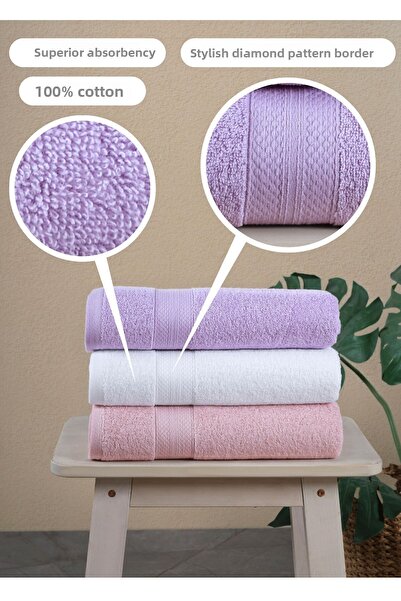 Ellaline 3-Piece Bath Towel Set 100% Cotton 70X130Cm Bathroom, Spa, Beach Towels |   Pink, Lilac, White