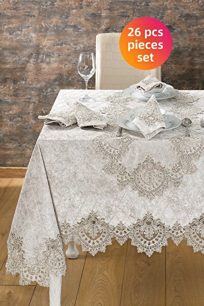 Evlen Home Collection Velvet Luxury Tablecloth Set 26 Pieces Lacy Laced Reina Cream