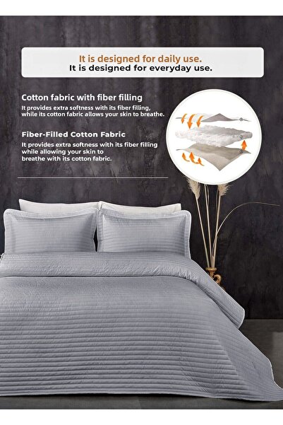 Evlen Home Collection 100% Cotton Single Quilted Bedspread (Pique) Set Judy Fiber Filled Striped Gray
