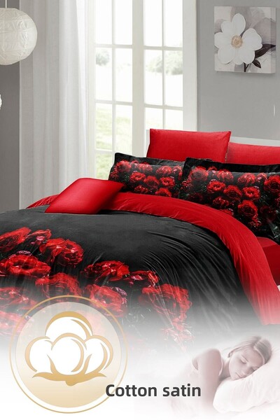 MonoHome King Size Double Duvet Set for Valentine's Day - 100% Cotton Satin, Black Rose 220X240Cm