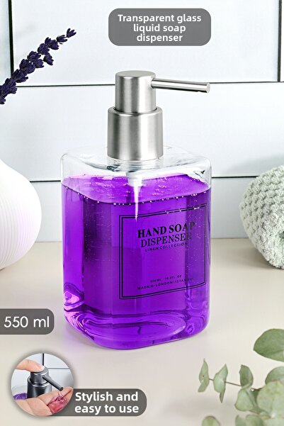 Meleni Home 1Pcs Transparent Glass Liquid Soap Dispenser - Bathroom Kitchen Hand Soap Liquid Soap Bottle 550ml