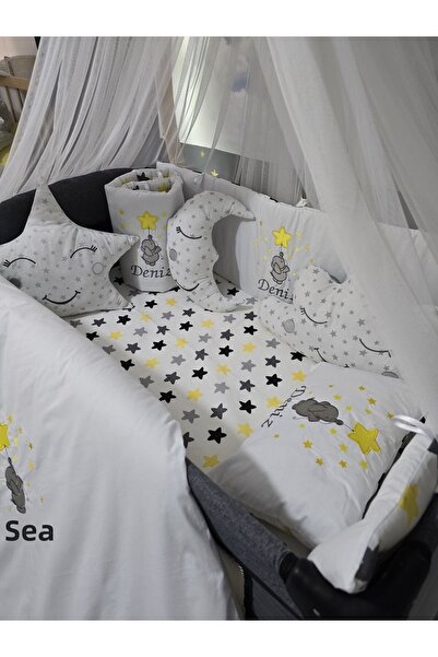 bebek_iklimi 70X120 Name Embroidered Baby Sleeping Set - Luxury Mosquito Net and Apparatus Included - Elephant Star Motif